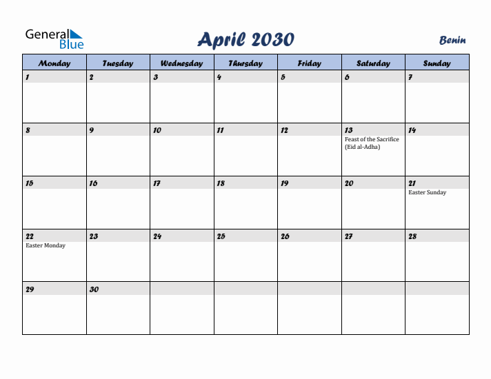 April 2030 Calendar with Holidays in Benin