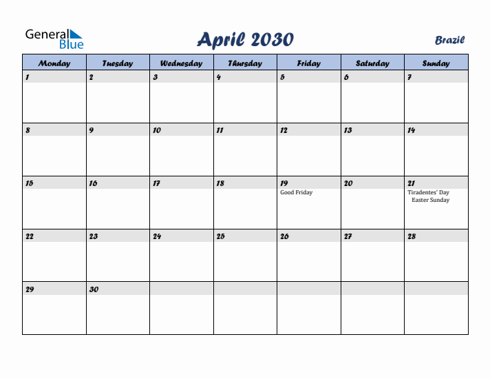 April 2030 Calendar with Holidays in Brazil