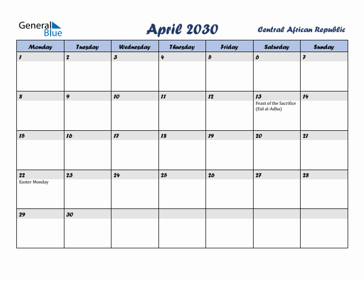 April 2030 Calendar with Holidays in Central African Republic