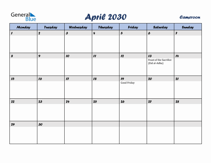 April 2030 Calendar with Holidays in Cameroon