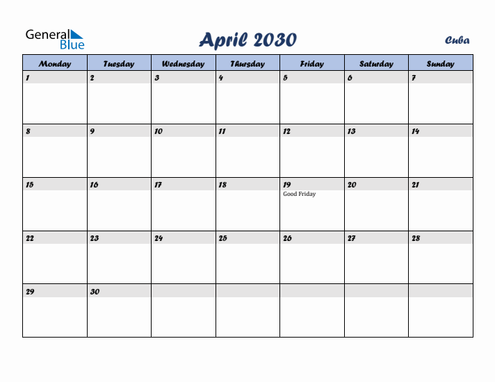 April 2030 Calendar with Holidays in Cuba