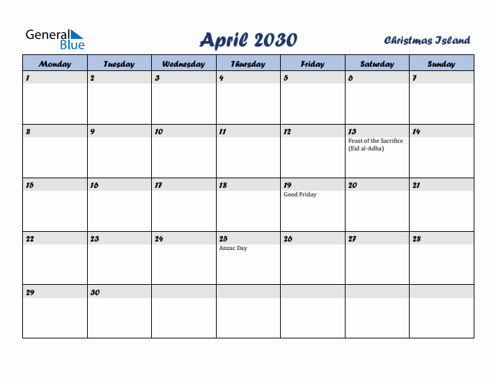 April 2030 Calendar with Holidays in Christmas Island