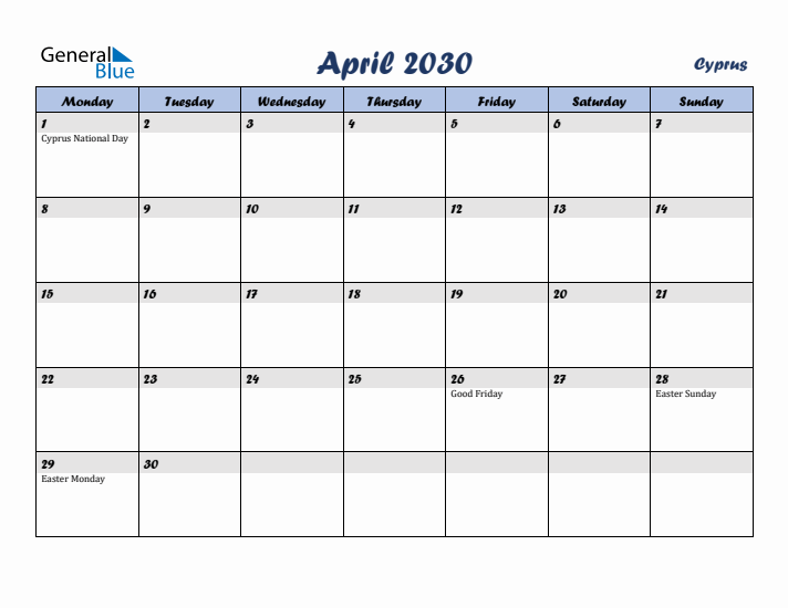 April 2030 Calendar with Holidays in Cyprus