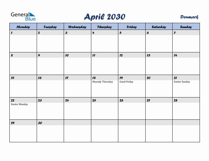 April 2030 Calendar with Holidays in Denmark