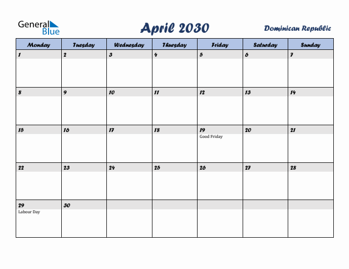 April 2030 Calendar with Holidays in Dominican Republic