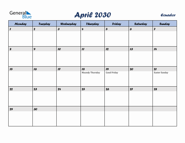 April 2030 Calendar with Holidays in Ecuador