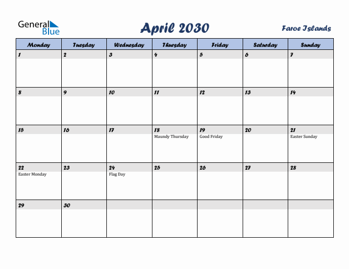 April 2030 Calendar with Holidays in Faroe Islands