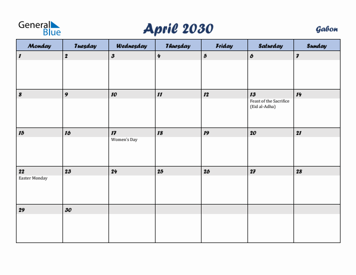 April 2030 Calendar with Holidays in Gabon