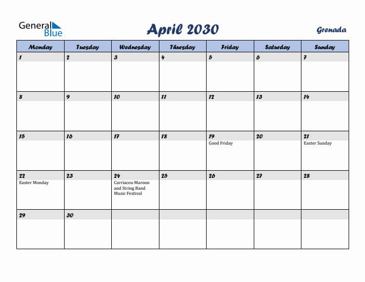 April 2030 Calendar with Holidays in Grenada