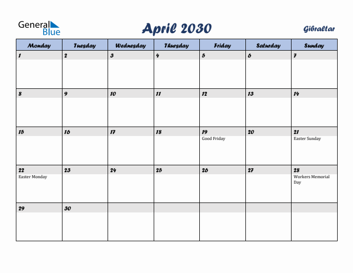 April 2030 Calendar with Holidays in Gibraltar