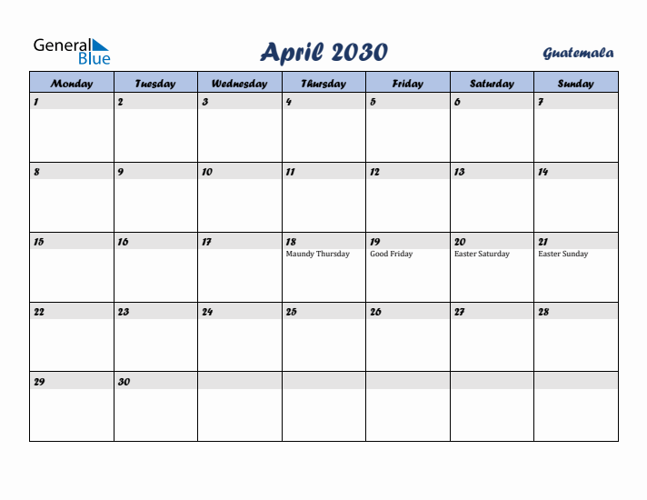 April 2030 Calendar with Holidays in Guatemala
