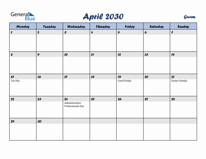April 2030 Calendar with Holidays in Guam