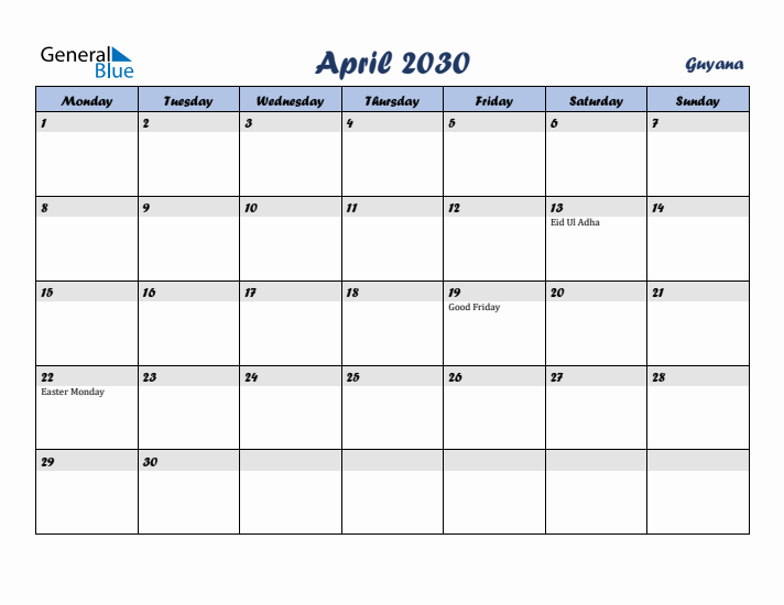 April 2030 Calendar with Holidays in Guyana