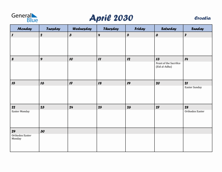 April 2030 Calendar with Holidays in Croatia