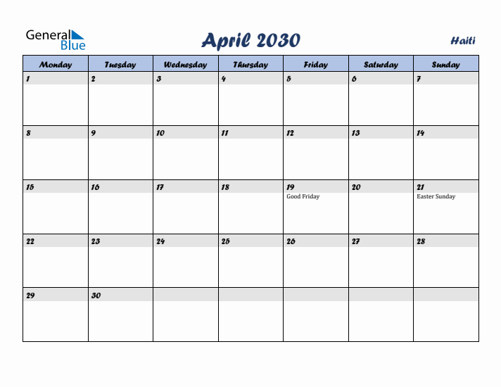 April 2030 Calendar with Holidays in Haiti