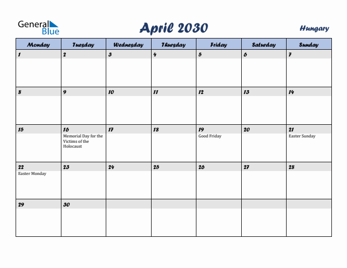April 2030 Calendar with Holidays in Hungary