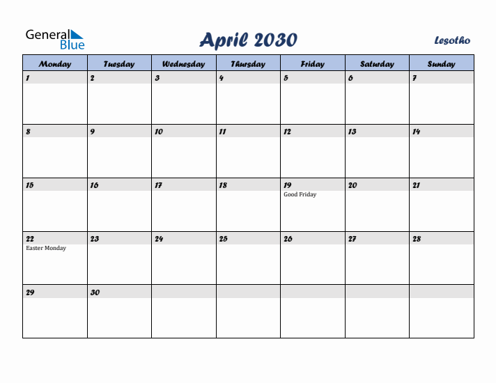 April 2030 Calendar with Holidays in Lesotho