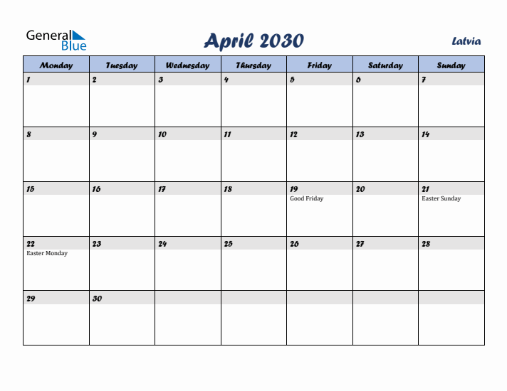 April 2030 Calendar with Holidays in Latvia