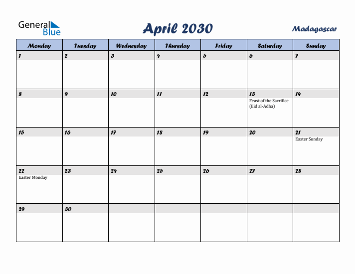 April 2030 Calendar with Holidays in Madagascar