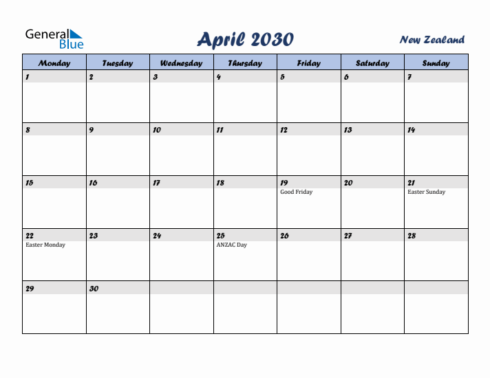 April 2030 Calendar with Holidays in New Zealand