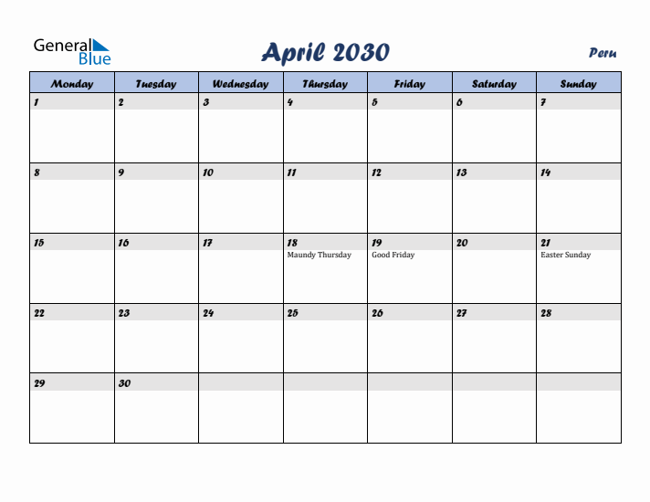 April 2030 Calendar with Holidays in Peru