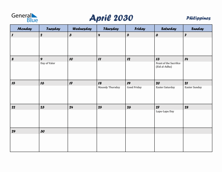 April 2030 Calendar with Holidays in Philippines