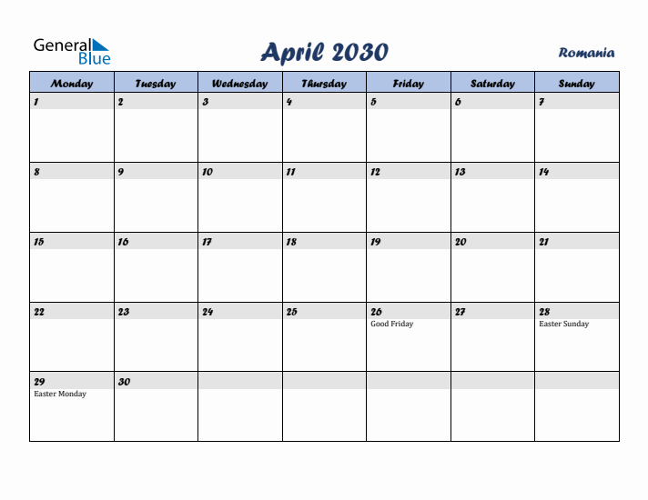 April 2030 Calendar with Holidays in Romania