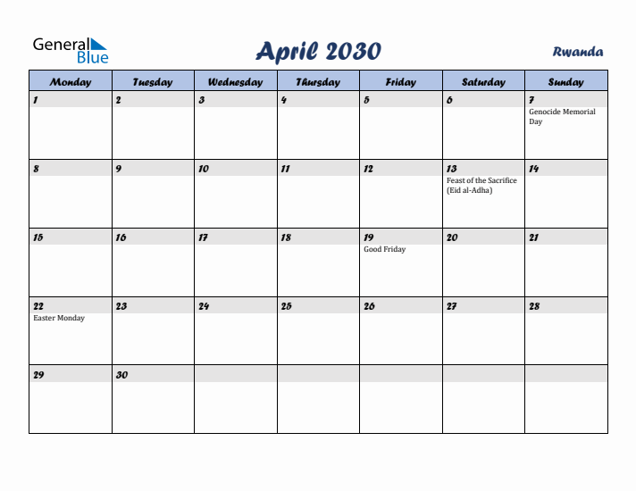 April 2030 Calendar with Holidays in Rwanda