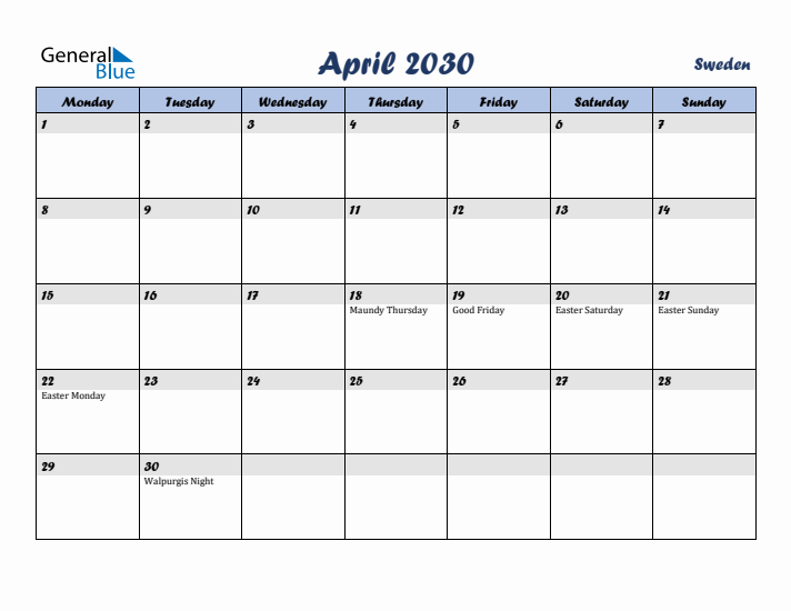 April 2030 Calendar with Holidays in Sweden