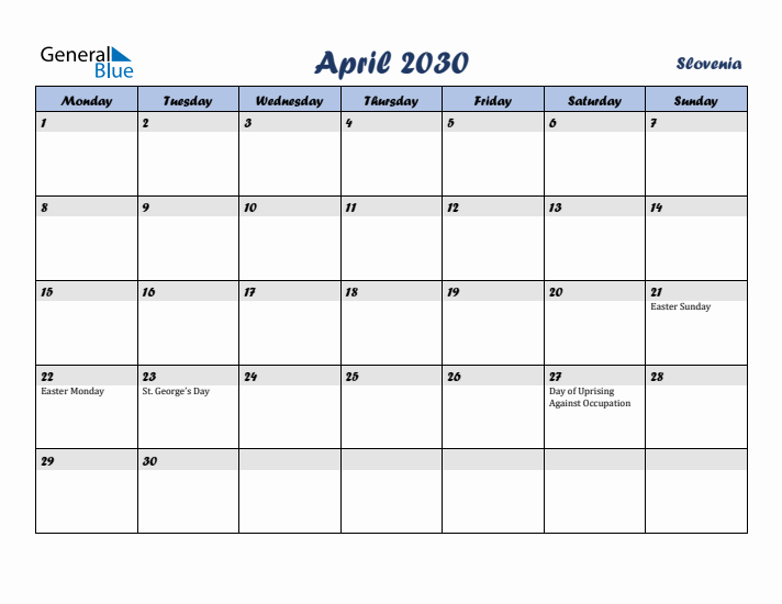 April 2030 Calendar with Holidays in Slovenia