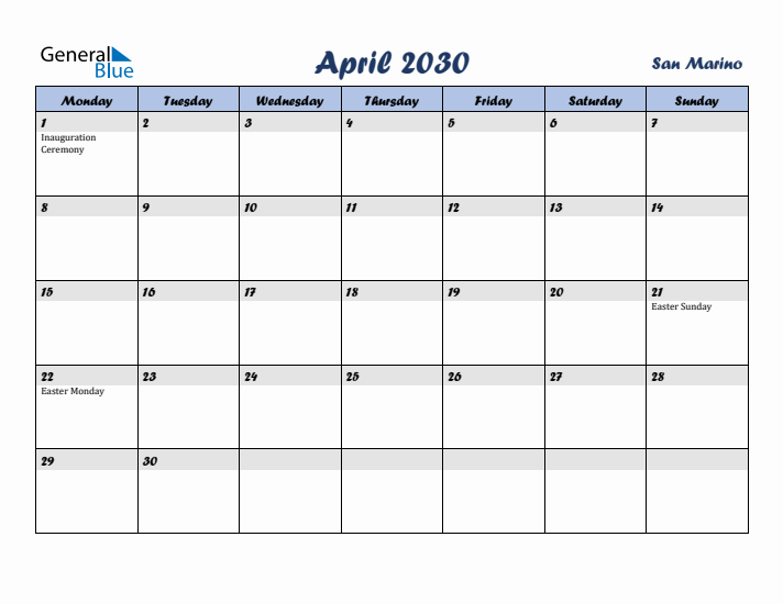 April 2030 Calendar with Holidays in San Marino