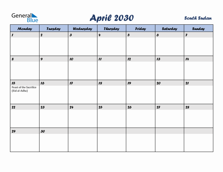 April 2030 Calendar with Holidays in South Sudan