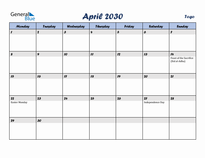 April 2030 Calendar with Holidays in Togo
