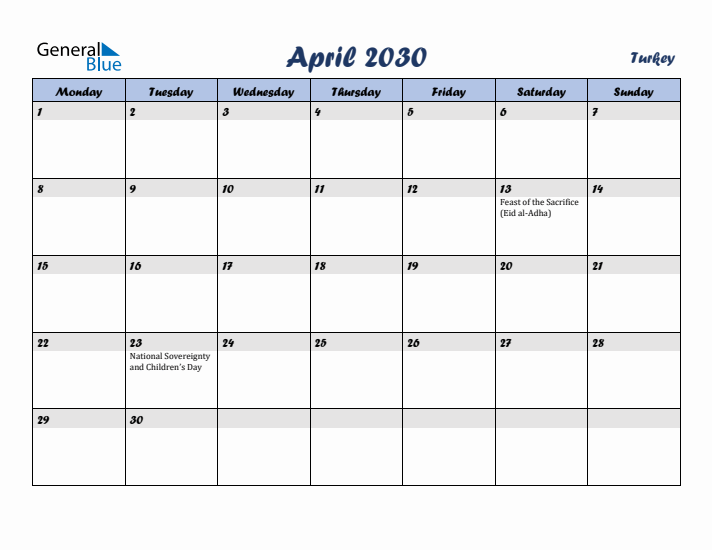 April 2030 Calendar with Holidays in Turkey