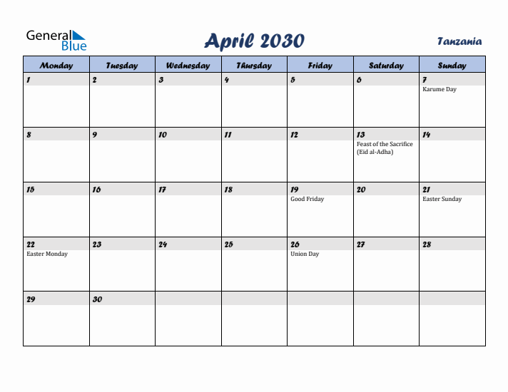 April 2030 Calendar with Holidays in Tanzania