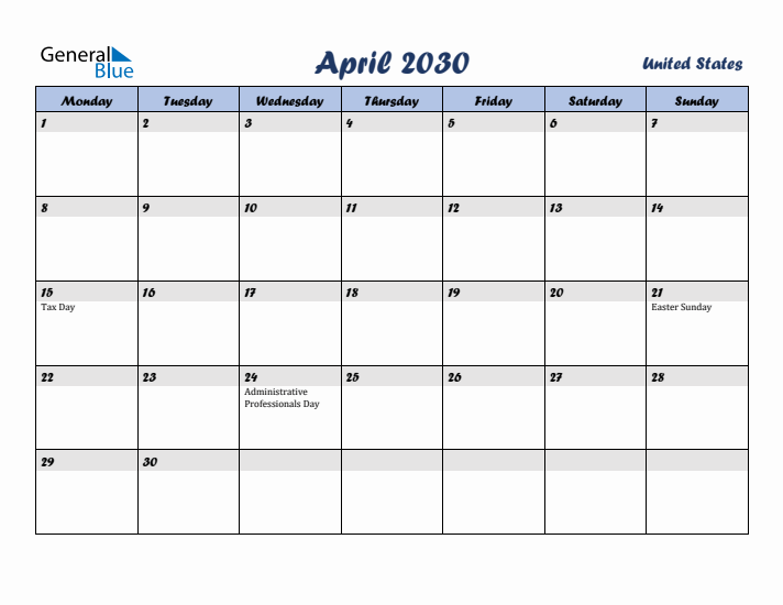 April 2030 Calendar with Holidays in United States