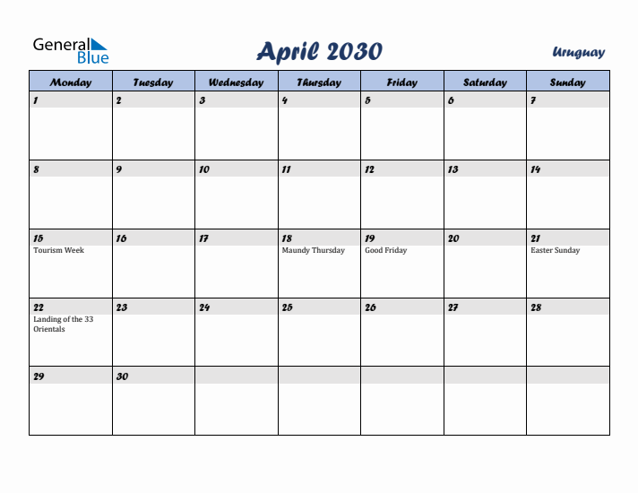 April 2030 Calendar with Holidays in Uruguay