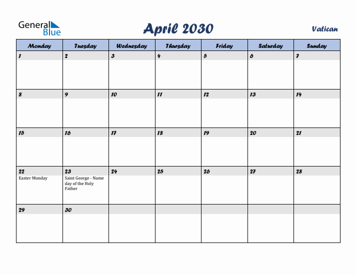 April 2030 Calendar with Holidays in Vatican