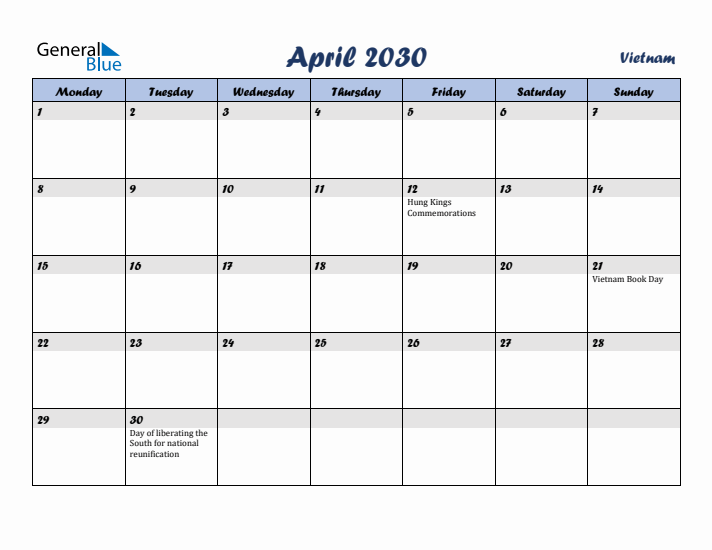 April 2030 Calendar with Holidays in Vietnam