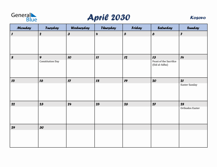 April 2030 Calendar with Holidays in Kosovo
