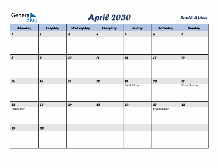 April 2030 Calendar with Holidays in South Africa