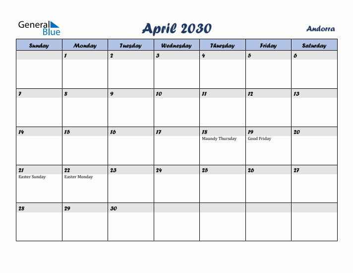 April 2030 Calendar with Holidays in Andorra