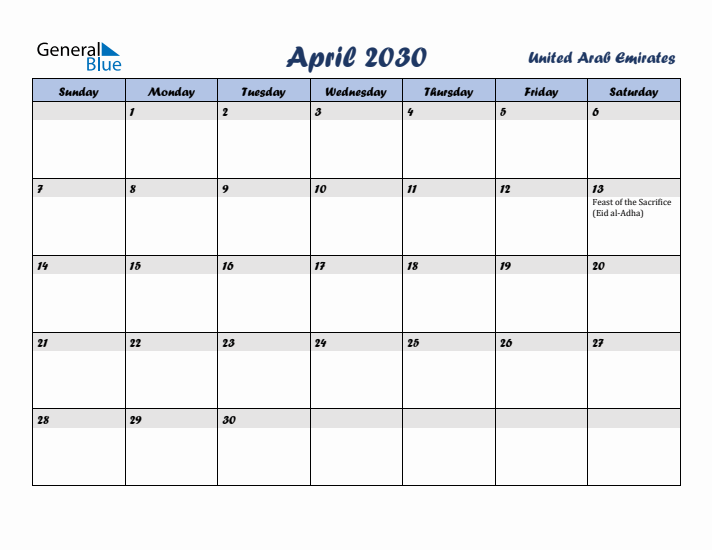 April 2030 Calendar with Holidays in United Arab Emirates