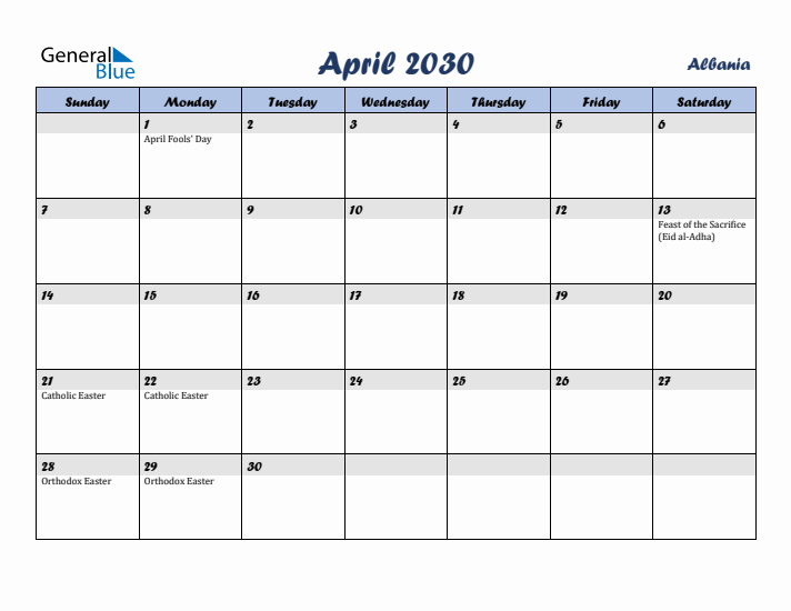 April 2030 Calendar with Holidays in Albania