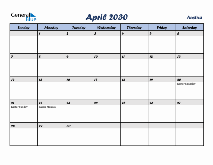 April 2030 Calendar with Holidays in Austria