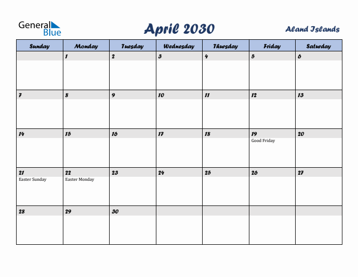 April 2030 Calendar with Holidays in Aland Islands