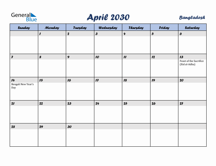 April 2030 Calendar with Holidays in Bangladesh