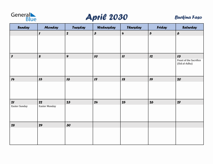 April 2030 Calendar with Holidays in Burkina Faso