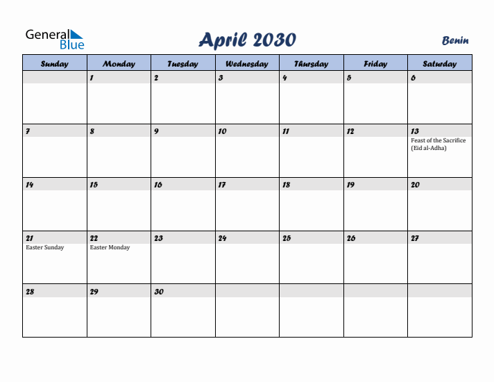 April 2030 Calendar with Holidays in Benin