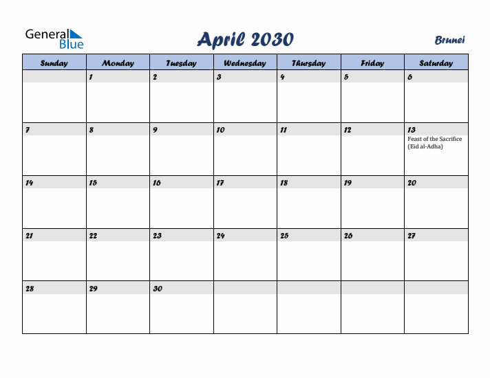 April 2030 Calendar with Holidays in Brunei